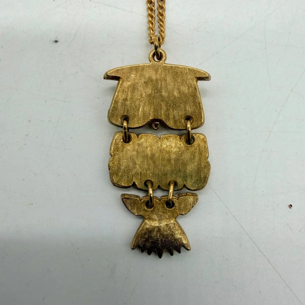 Vintage Articulated Owl Pendant Necklace Amber Cabochon Eyes Gold Tone Jewelry